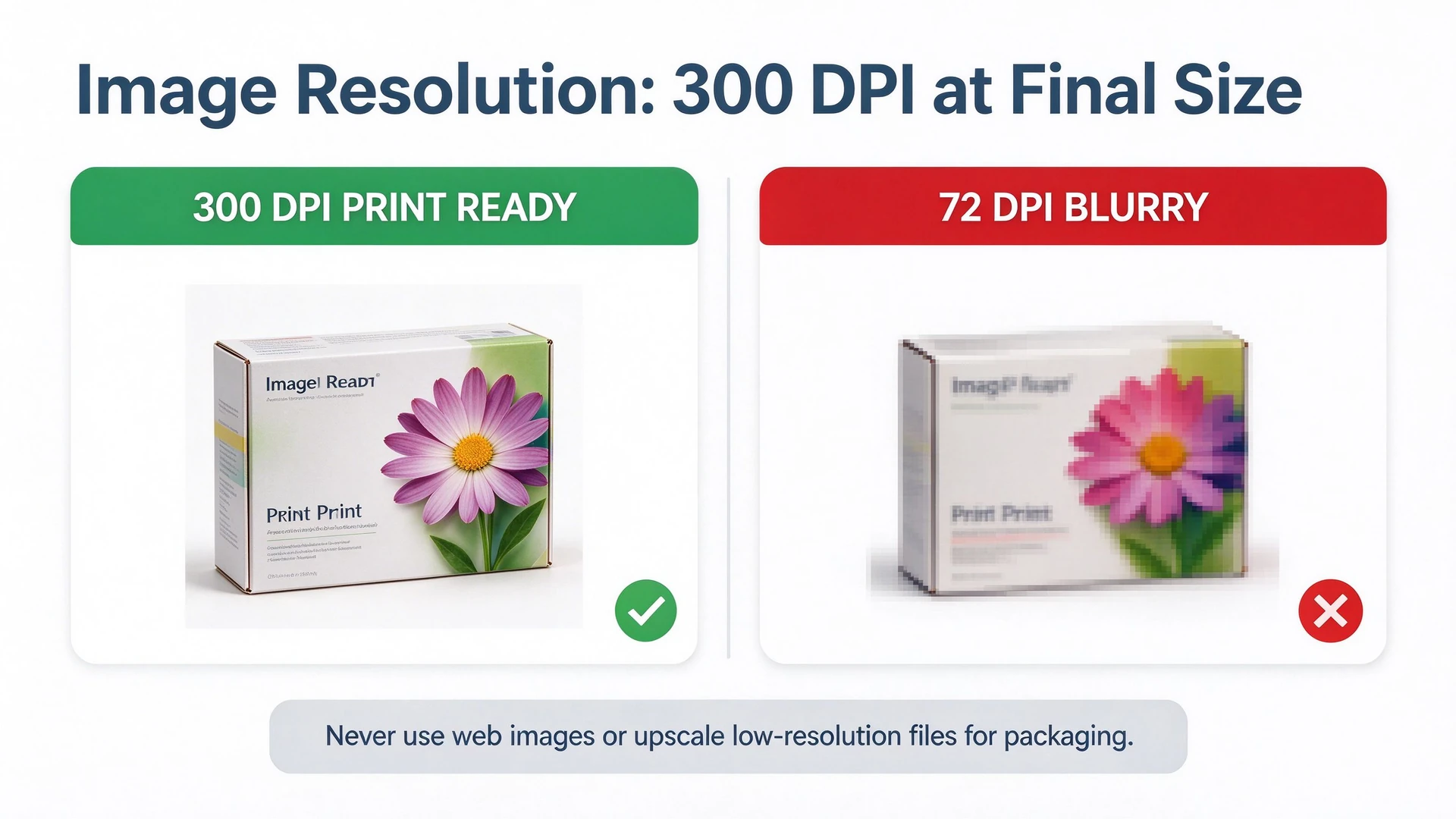 300 DPI 印得清晰锐利；72 DPI 印出马赛克